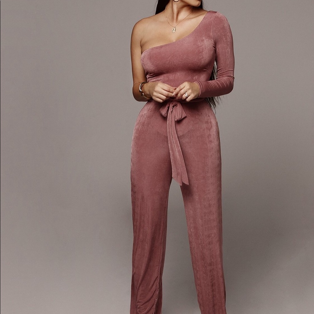 mauve bare shoulder jumpsuit